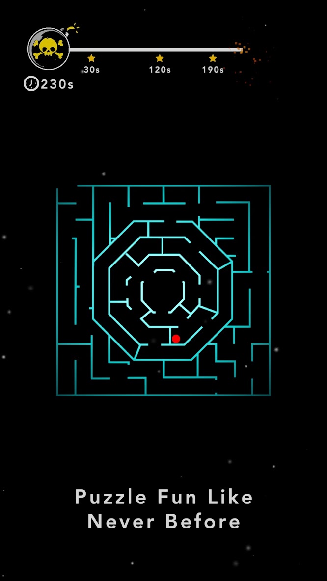 Glow Maze gameplay — cyan neon maze with timer stars